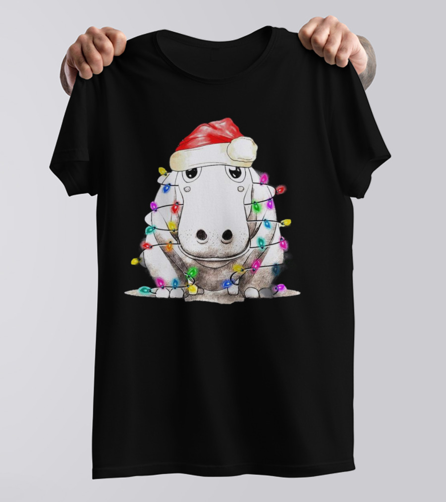Santa Hippo Wrapped In Christmas Lights With Santa Hat T-Shirt