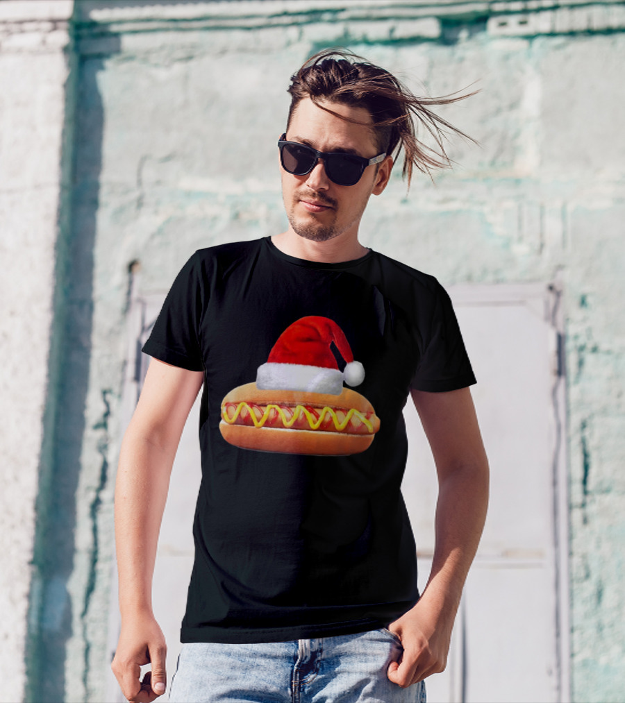 Santa Hat Hot Dog Christmas Family Dinner T-Shirt