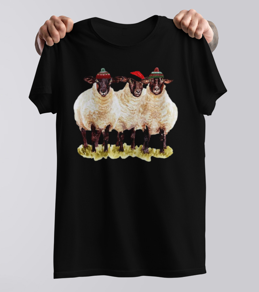 Merry Christmas Santa Sheep Trio With Festive Hats T-Shirt