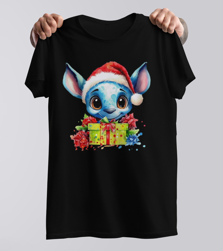 Santa Stitch Holiday Cheer With Christmas Present And Santa Hat T-Shirt