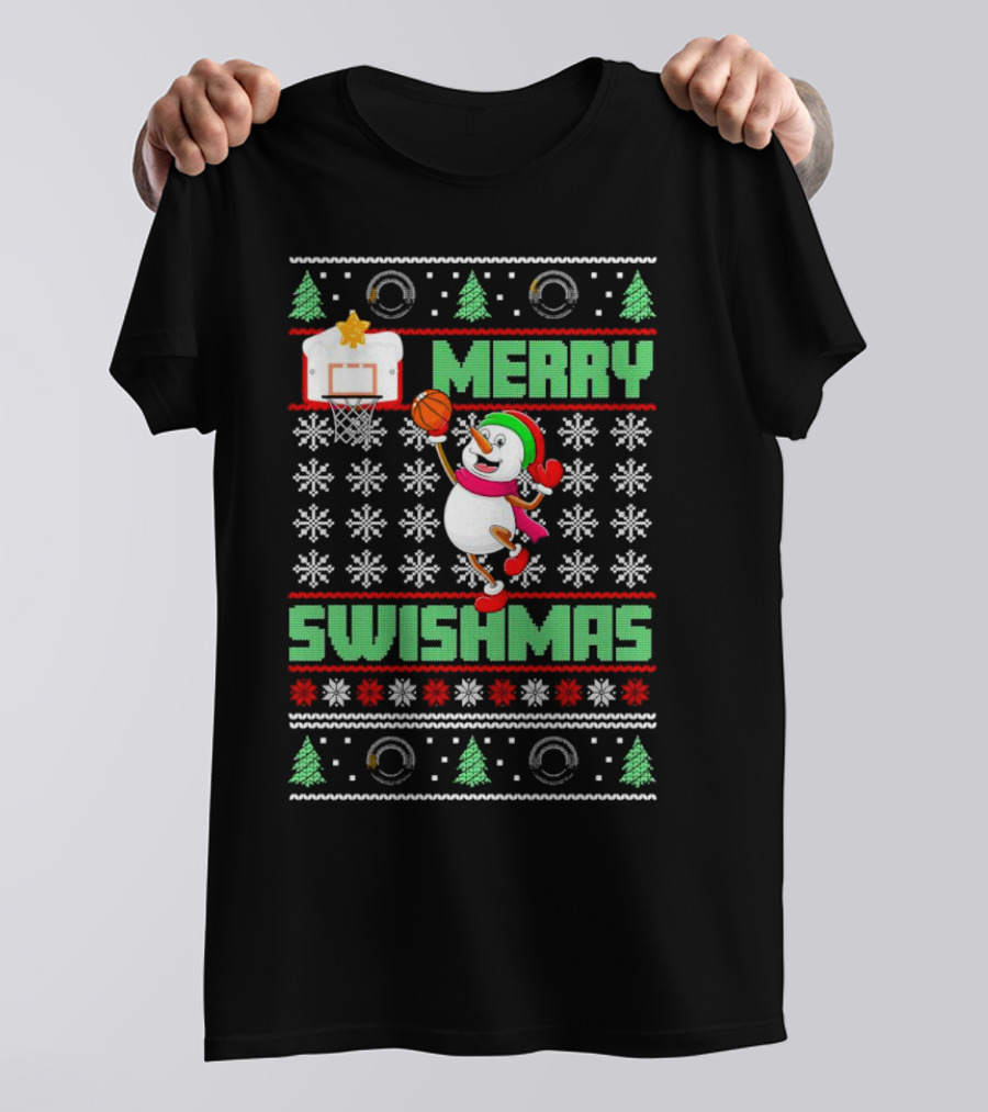 Merry Swishmas Snowman Playing Basketball Holiday T-Shirt