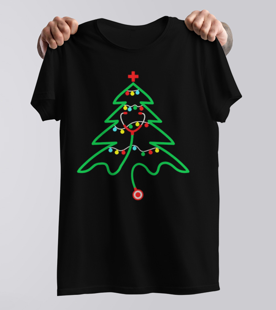 Stethoscope Shaped Christmas Tree With Holiday Lights T-Shirt