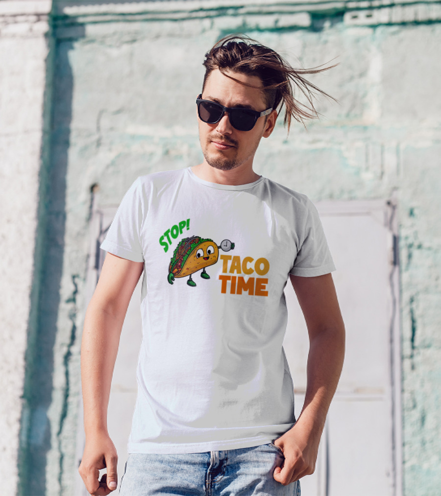 STOP Taco Time Clock Cartoon T-Shirt