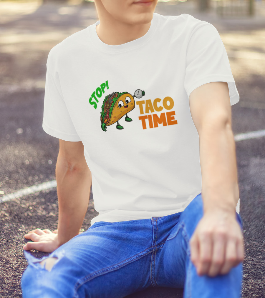STOP Taco Time Clock Cartoon T-Shirt