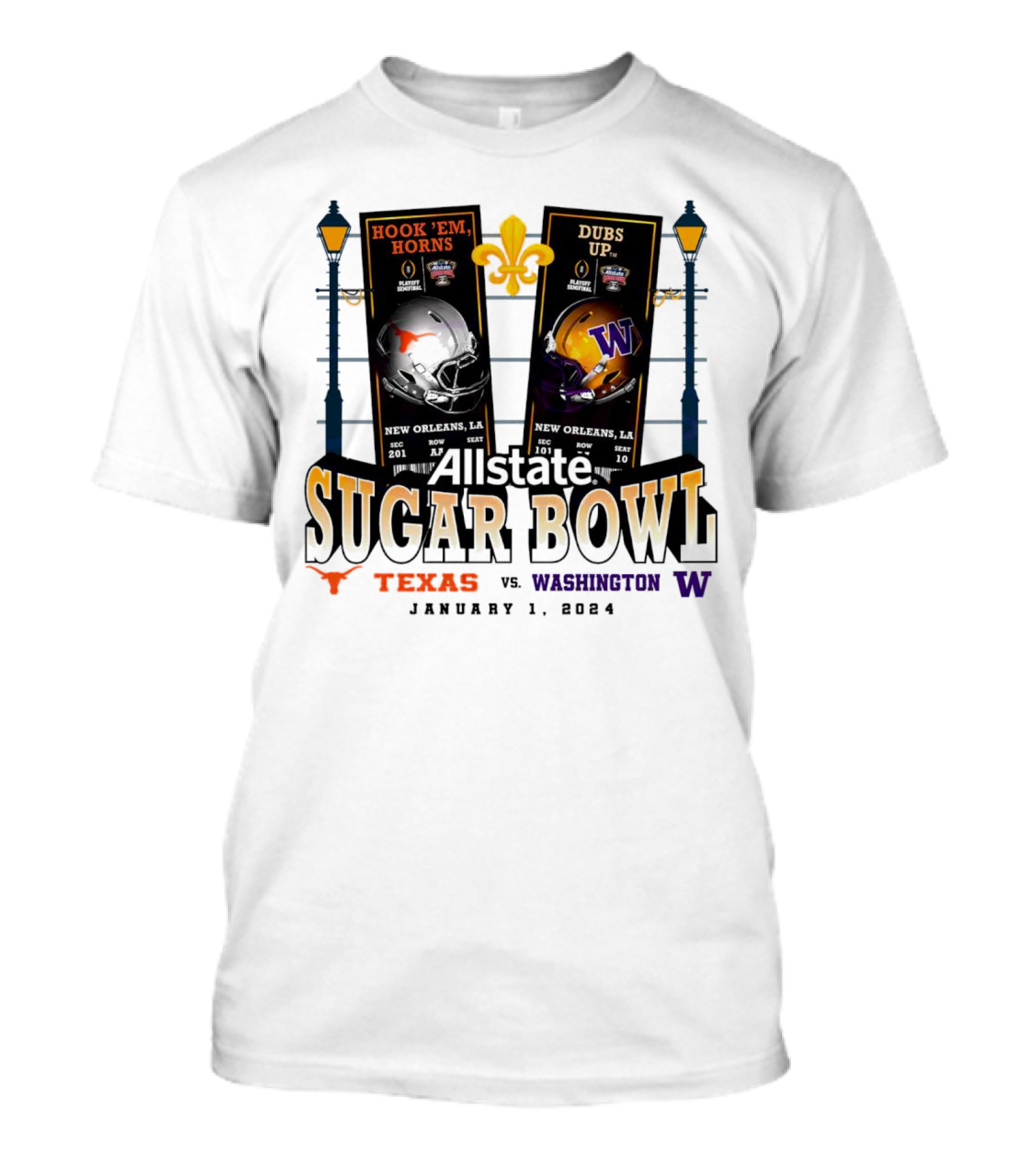 Allstate Sugar Bowl January 1 2024 Washington Huskies Vs Texas Longhorns Hook 'Em Horns Dubs Up New Orleans T-Shirt