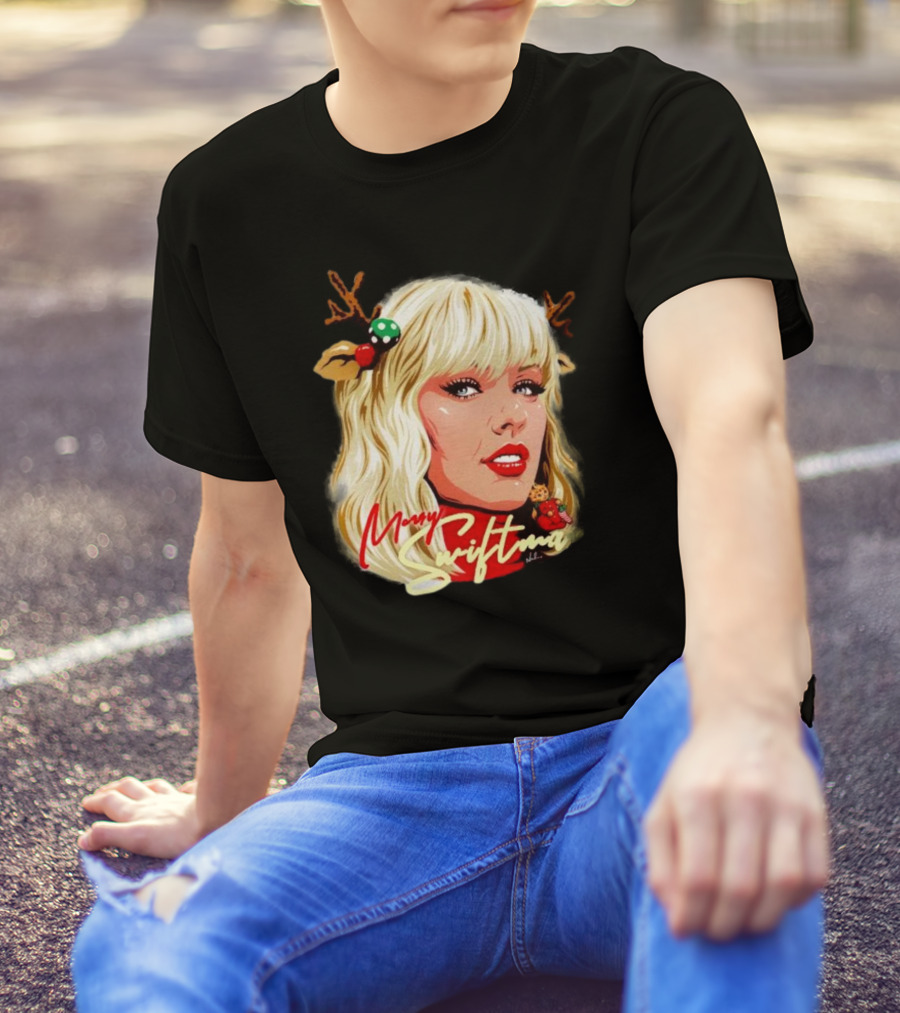 Merry Swiftmas Christmas Reindeer Antlers Bluscious Red Lips Holiday T-Shirt
