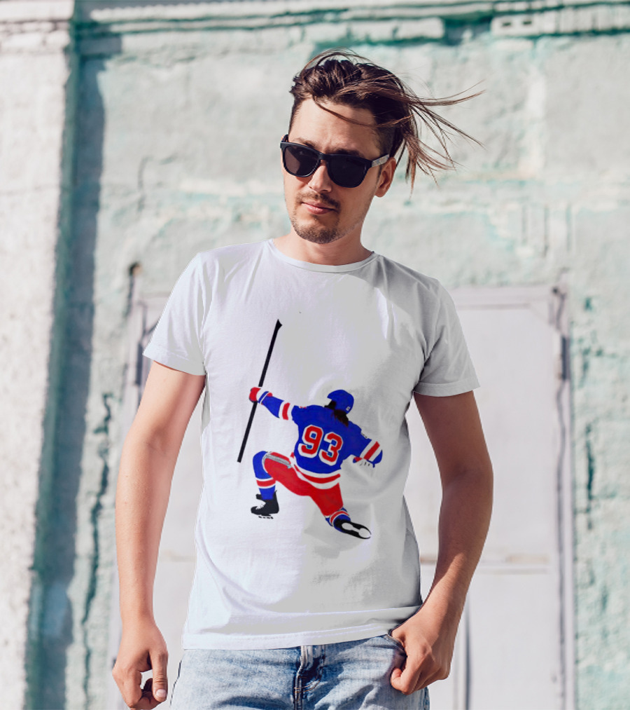 Mika Zibanejad Number 93 Hockey Celebration Iconic Bowing Pose T-Shirt