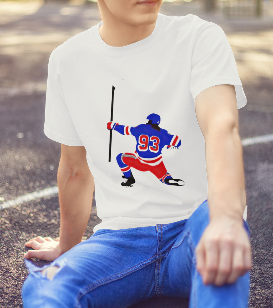 Mika Zibanejad Number 93 Hockey Celebration Iconic Bowing Pose T-Shirt