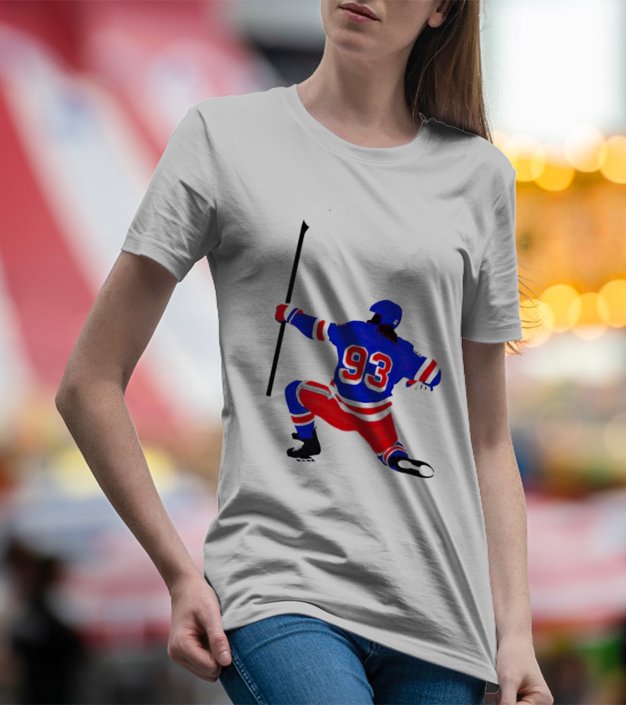 Mika Zibanejad Number 93 Hockey Celebration Iconic Bowing Pose T-Shirt
