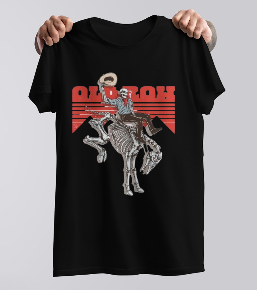 Old Row Skeleton Cowboy Riding A Skeleton Horse With Red Background Stripes T-Shirt
