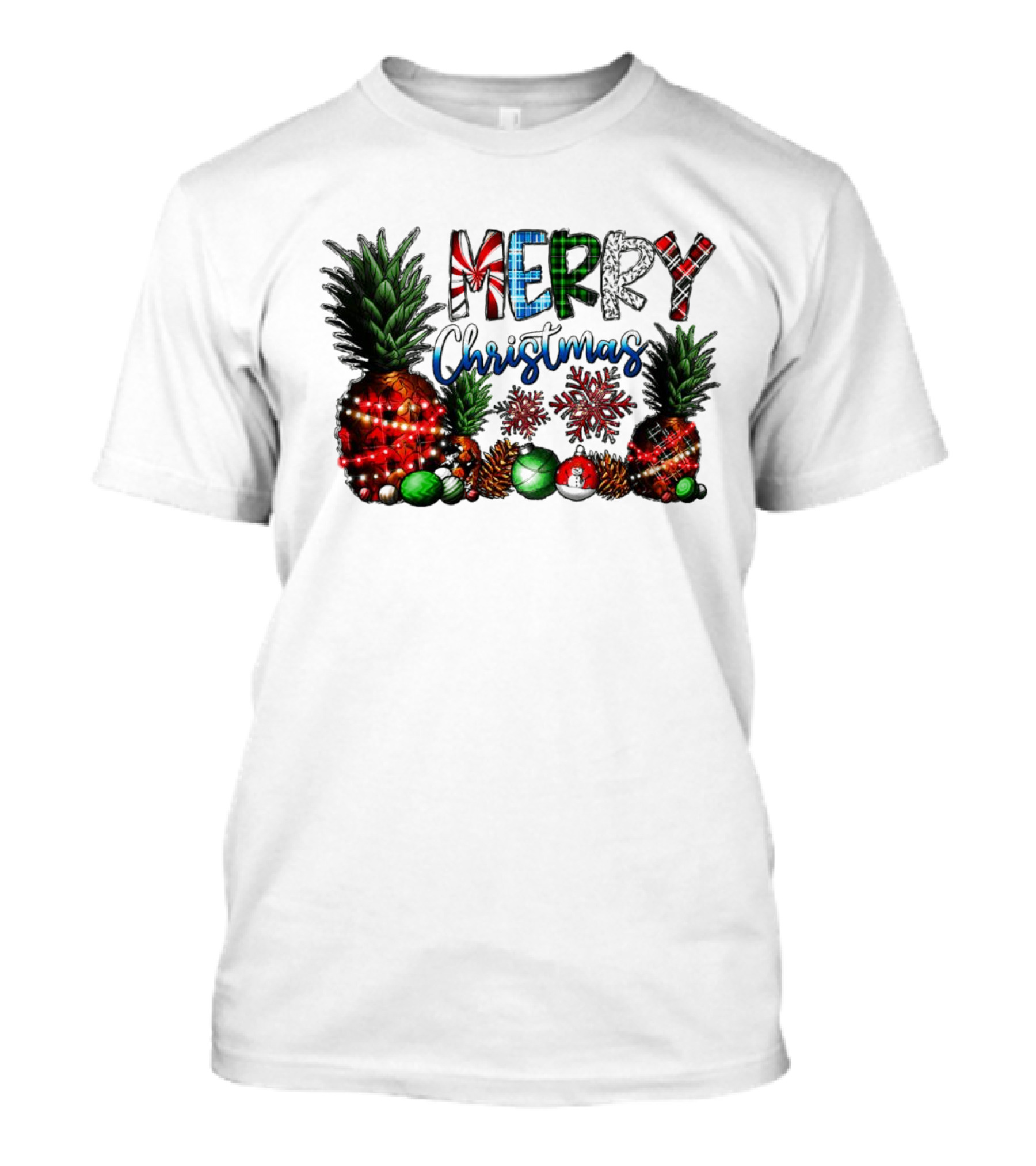 Merry Christmas Pineapple Lights With Snowflakes And Festive Fruits T-Shirt