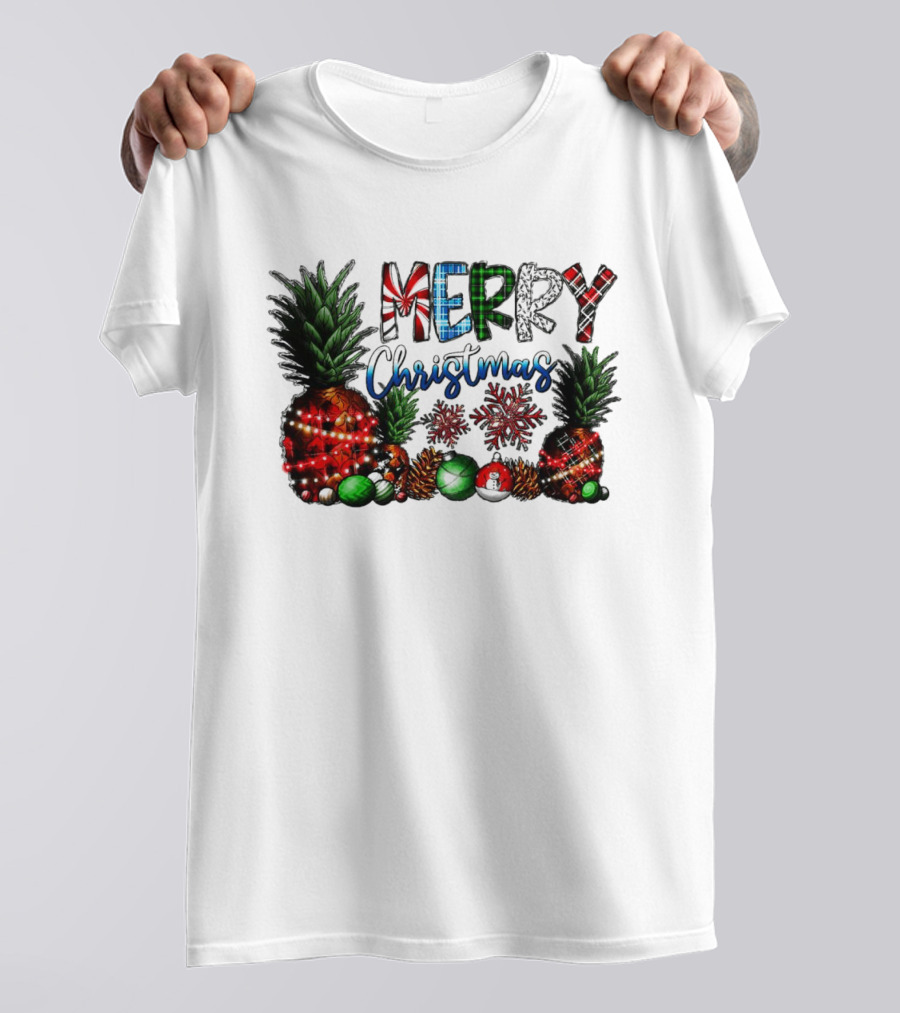 Merry Christmas Pineapple Lights With Snowflakes And Festive Fruits T-Shirt