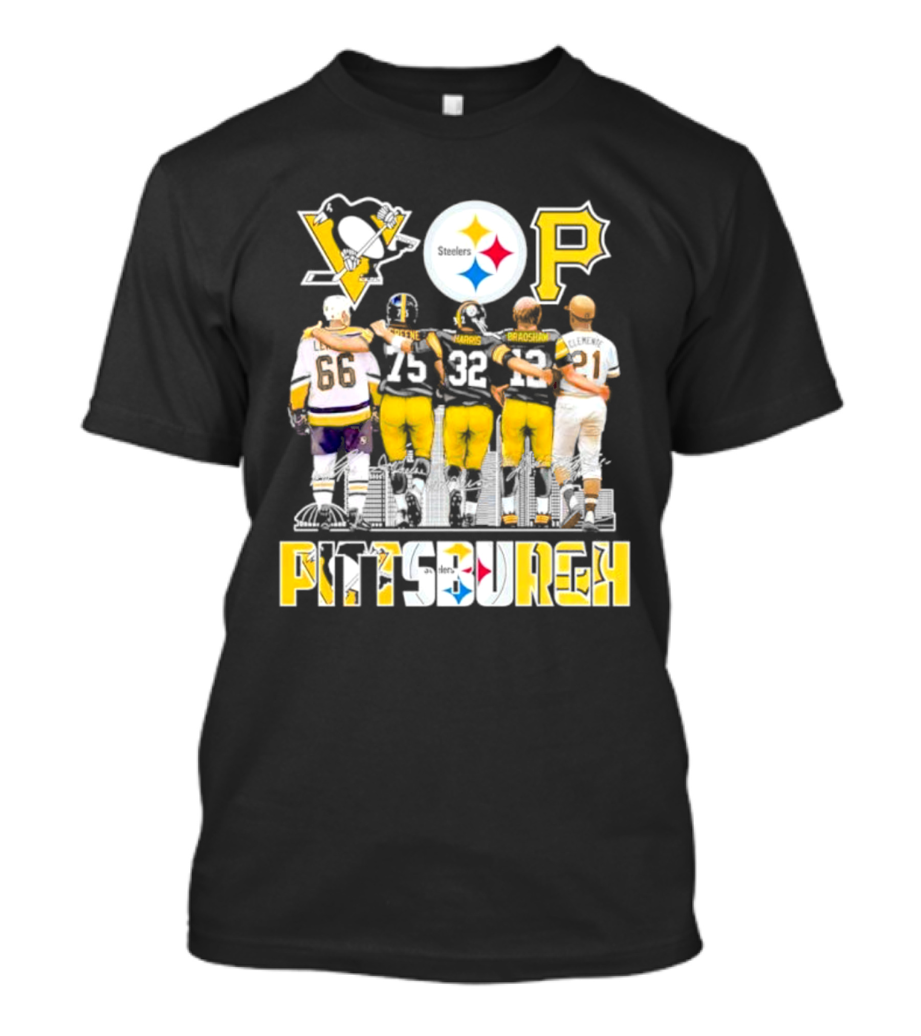 Pittsburgh Steelers Penguins Pirates Mario Lemieux Kevin Greene Franco Harris Terry Bradshaw Signatures T-Shirt