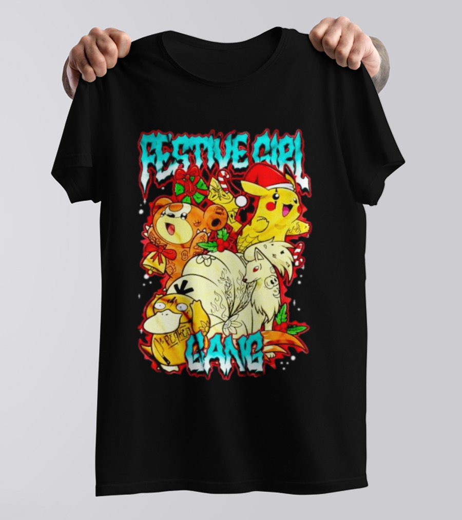 Festive Girl Gang Pokémon Pikachu Psyduck Clefairy Vulpix Christmas T-Shirt