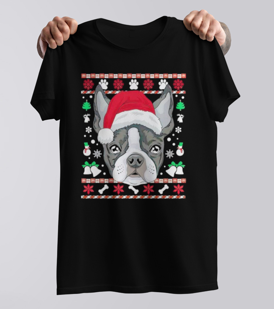 Santa Boston Terrier Ugly Christmas Sweater Paws Bells Snowflakes T-Shirt