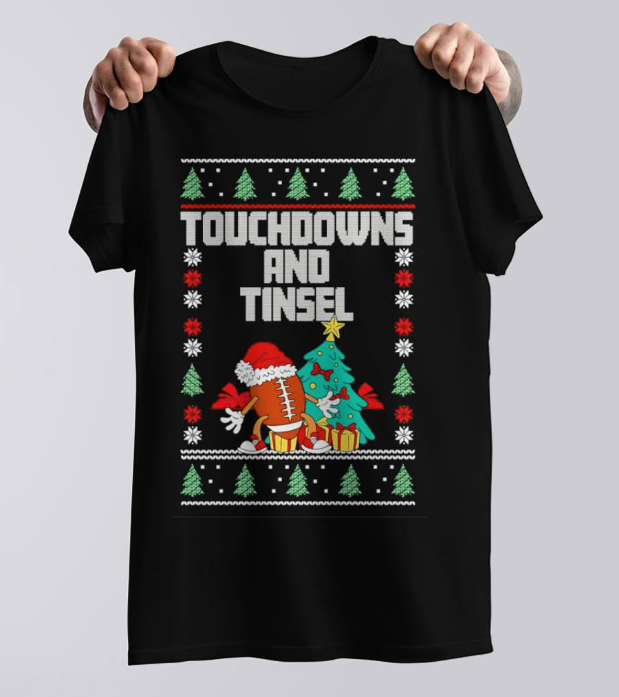 Touchdowns And Tinsel Christmas Football Santa With Tree And Gifts T-Shirt