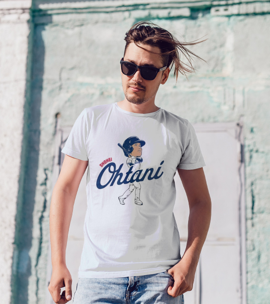 Shohei Ohtani Baseball Caricature With Blue Helmet And Batting Pose T-Shirt