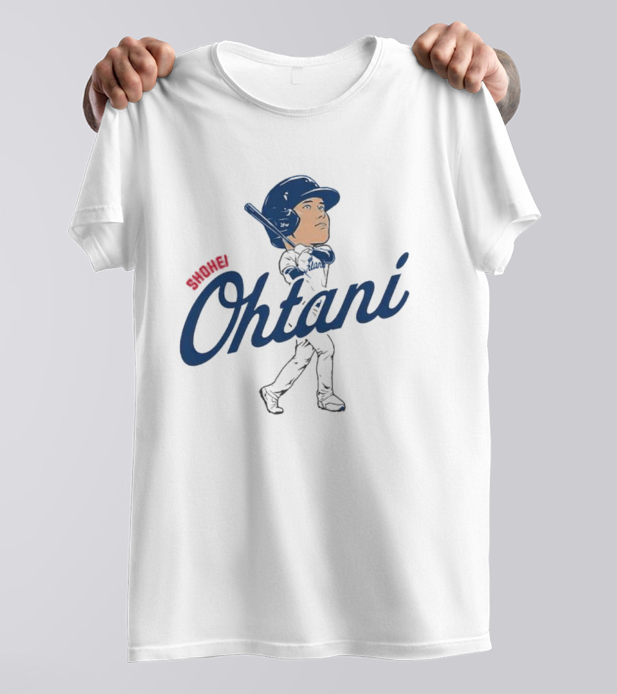 Shohei Ohtani Baseball Caricature With Blue Helmet And Batting Pose T-Shirt
