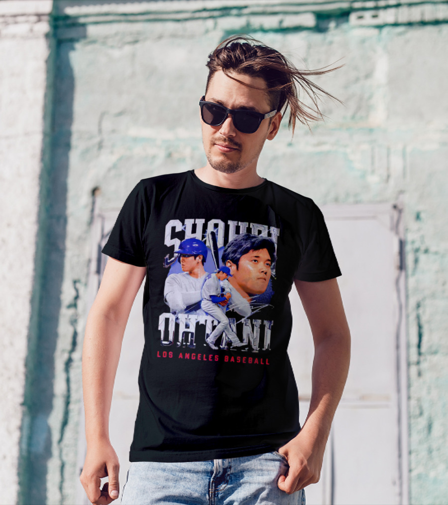 Shohei Ohtani Los Angeles Baseball Player Portrait And Action Scene T-Shirt