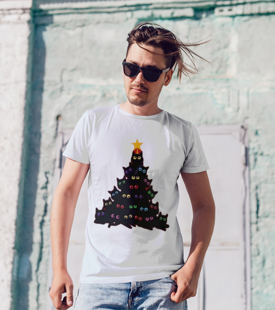Cat Christmas Tree With Colorful Eyes And Star Top T-Shirt