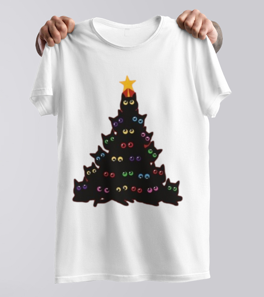 Cat Christmas Tree With Colorful Eyes And Star Top T-Shirt
