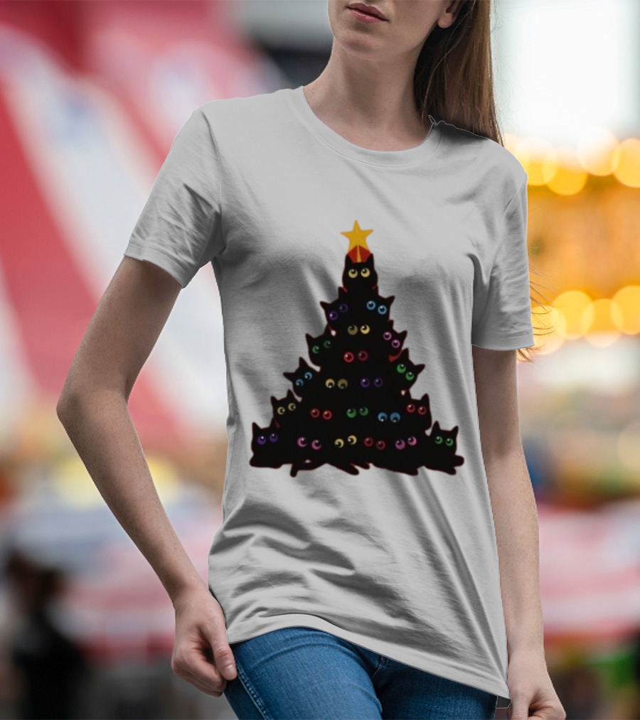 Cat Christmas Tree With Colorful Eyes And Star Top T-Shirt