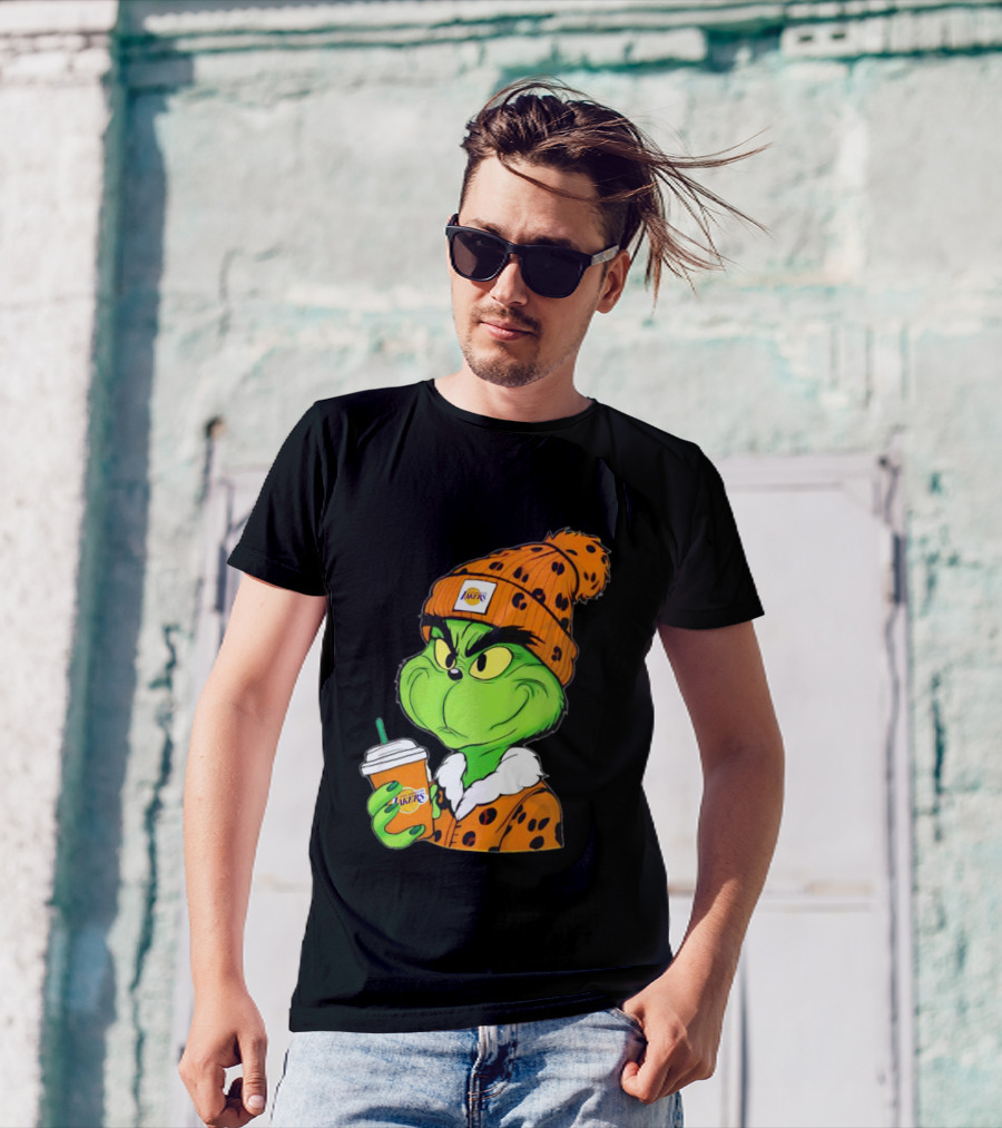 Grinch Drinking Los Angeles Lakers Cup Wearing Beanie T-Shirt