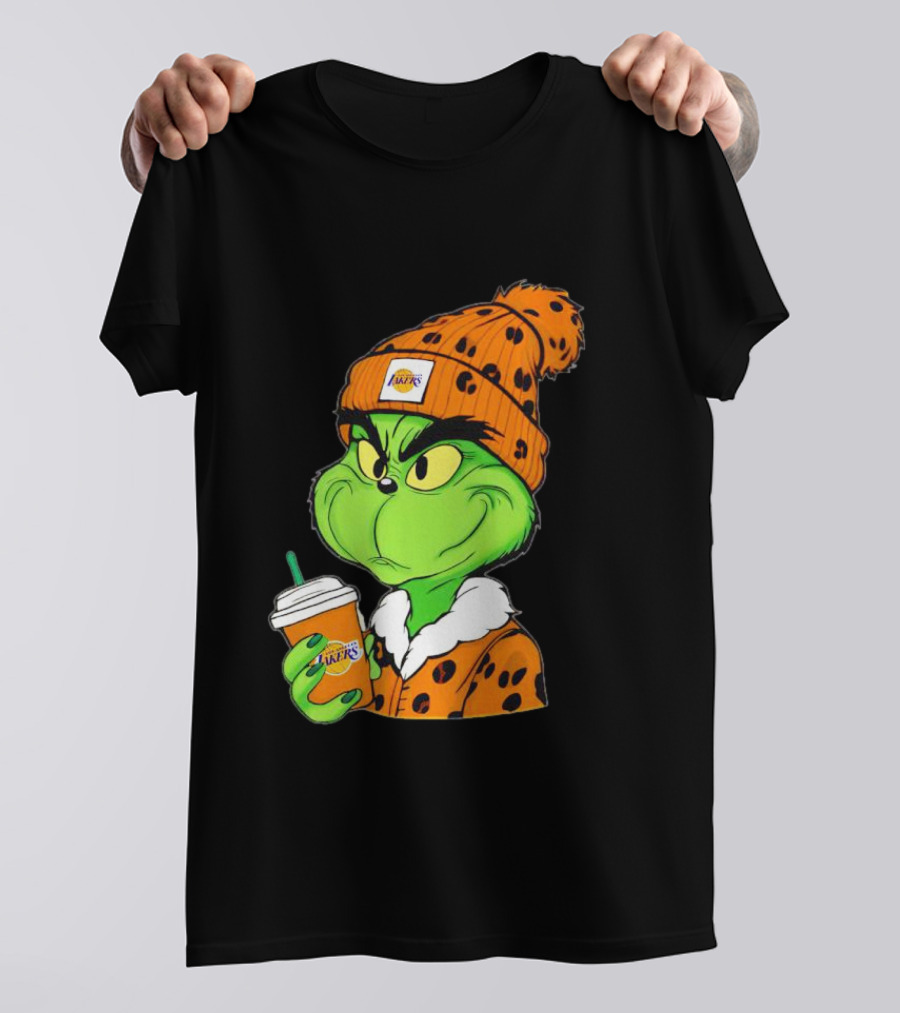 Grinch Drinking Los Angeles Lakers Cup Wearing Beanie T-Shirt