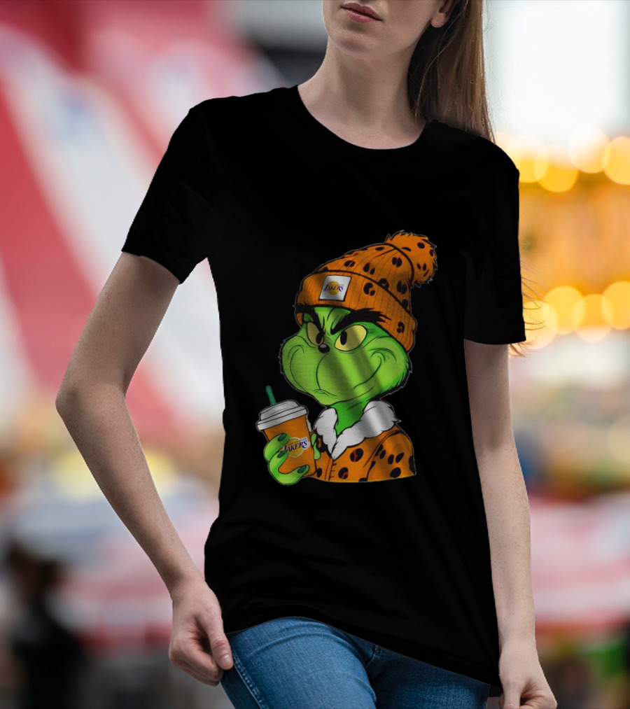 Grinch Drinking Los Angeles Lakers Cup Wearing Beanie T-Shirt