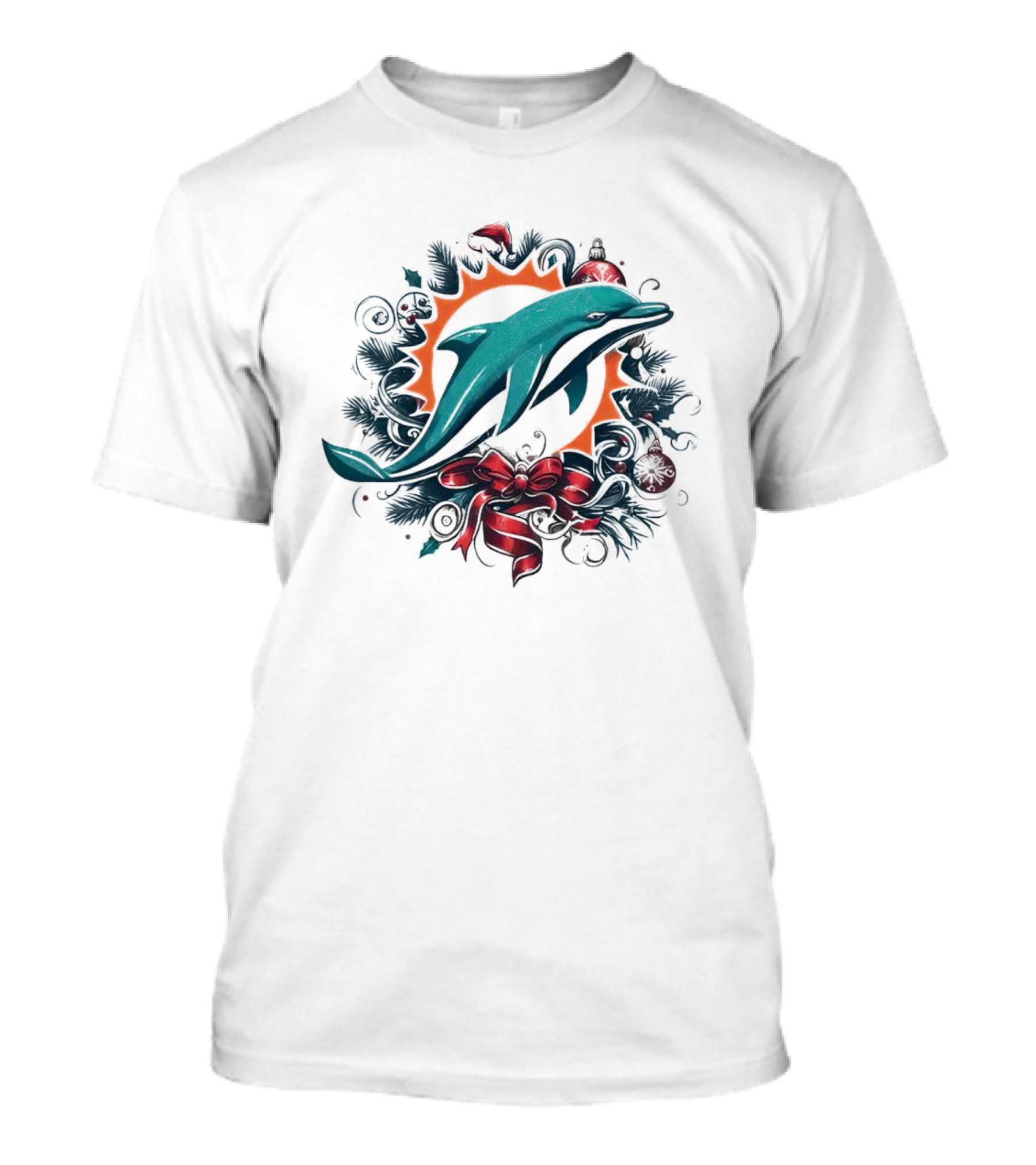 Miami Dolphins Holiday Wreath Christmas Ornament Bow T-Shirt