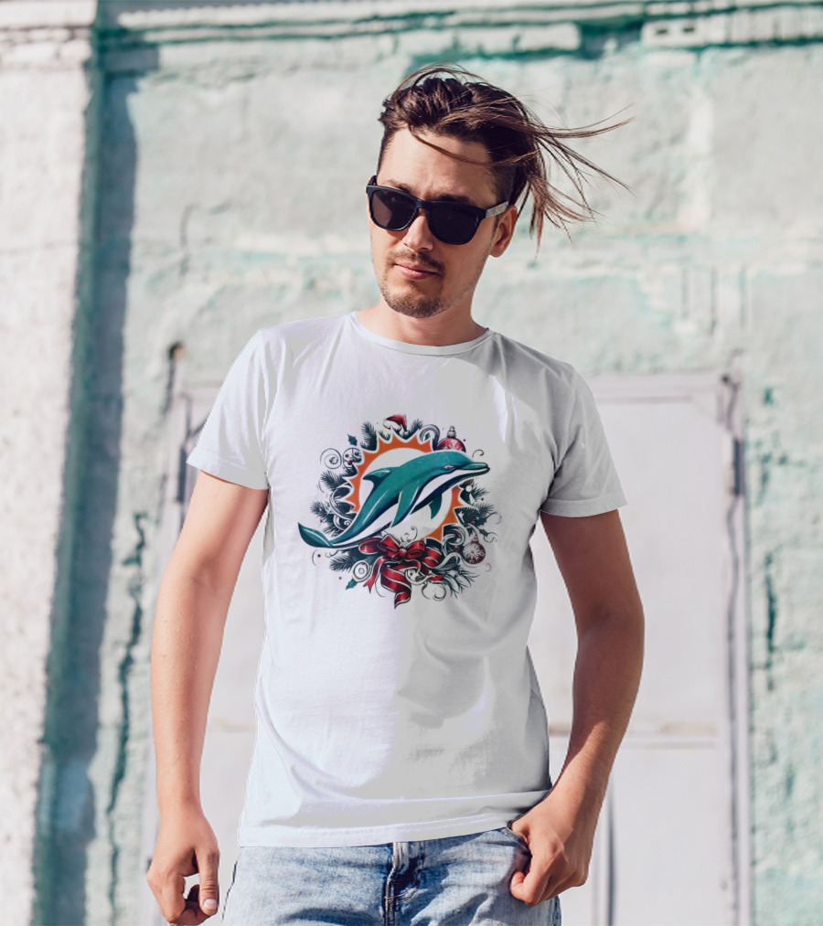 Miami Dolphins Holiday Wreath Christmas Ornament Bow T-Shirt