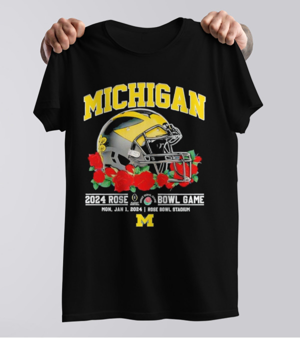 Michigan Wolverines January 1 2024 Rose Bowl Stadium Football Helmet And Red Roses T-Shirt