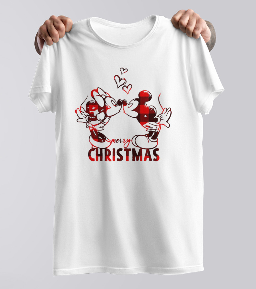Mickey Minnie Kissing Merry Christmas Hearts Red Plaid T-Shirt