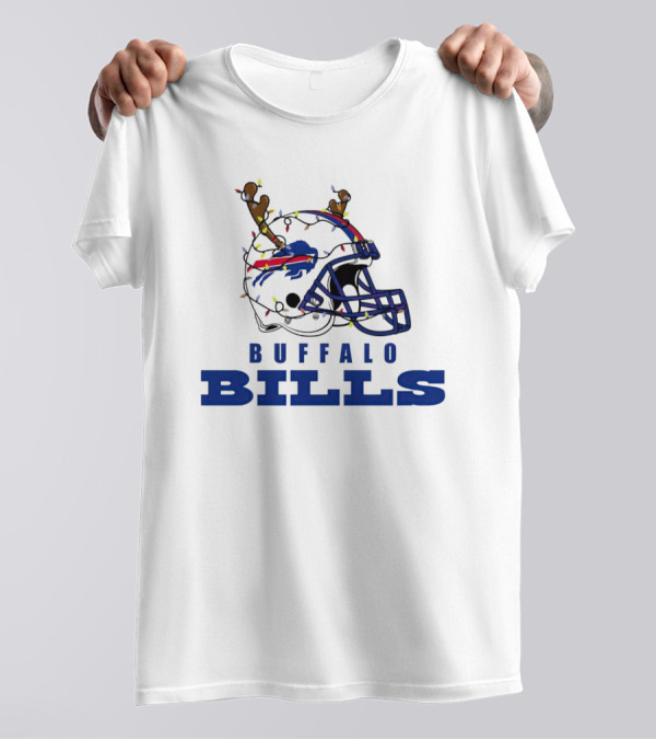 Buffalo Bills Helmet With Deer Antlers And Christmas Lights T-Shirt