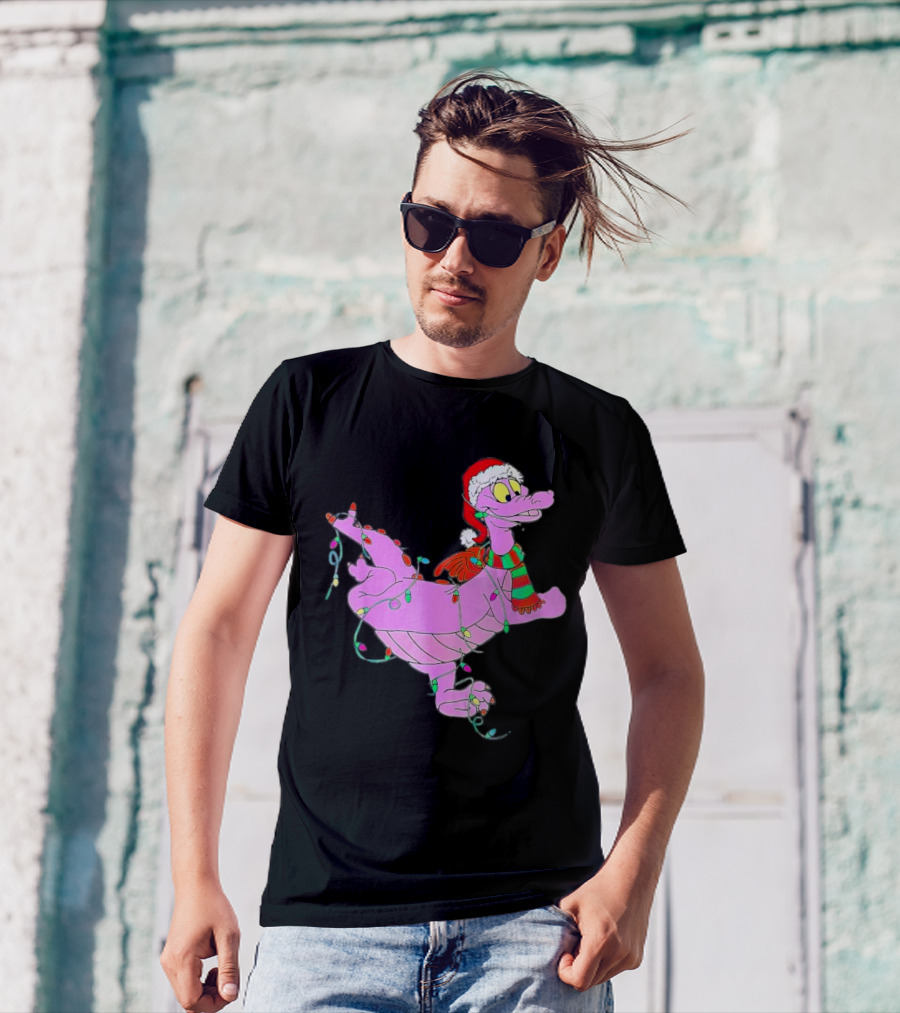 Dragon Figment In Santa Hat Wrapped In Christmas Lights T-Shirt