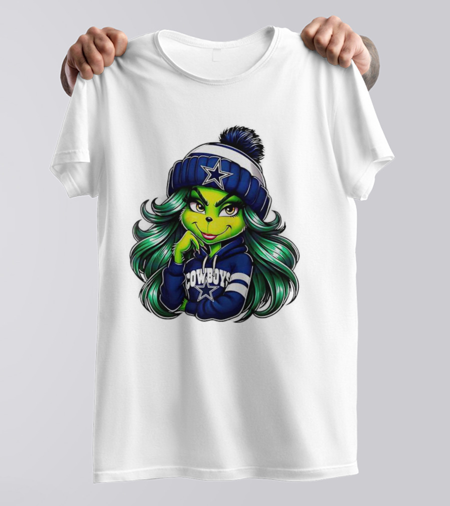 Grinch Girl In Dallas Cowboys Hat And Hoodie With Star T-Shirt