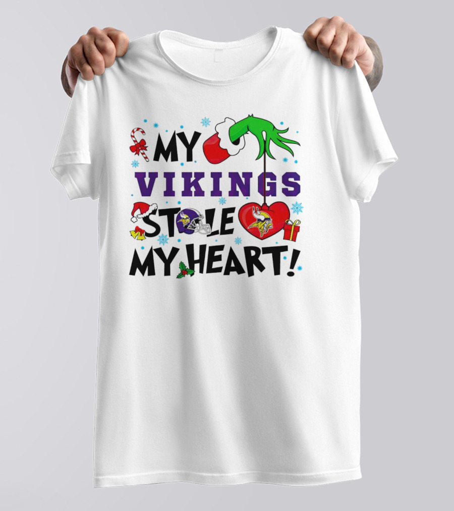 Grinch Hand Holding Heart My Vikings Stole My Heart Christmas T-Shirt