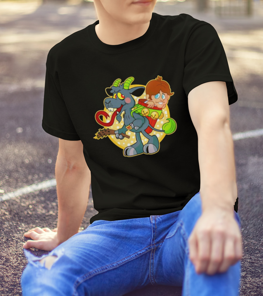 Krampus Rankin-Kramp Cartoon Goat With Red Backpack And Child T-Shirt