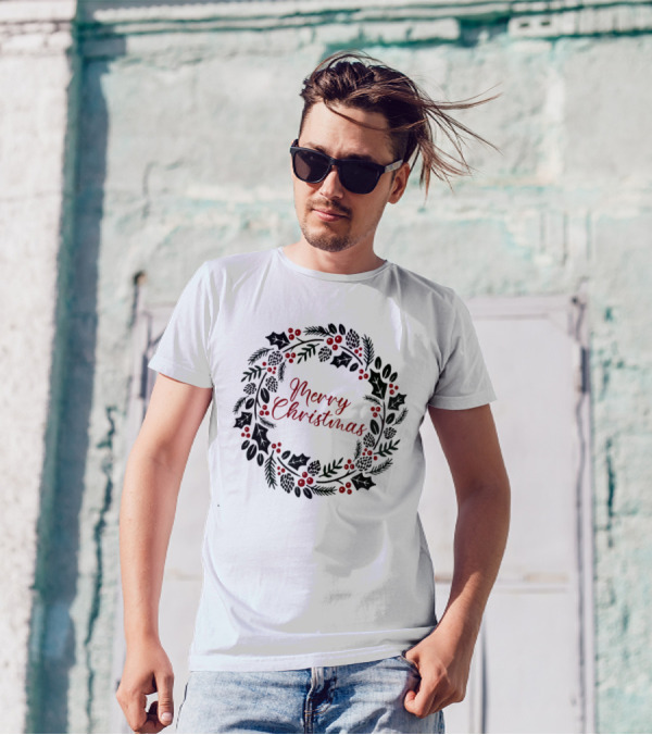 Merry Christmas Wreath With Pinecones And Holly T-Shirt