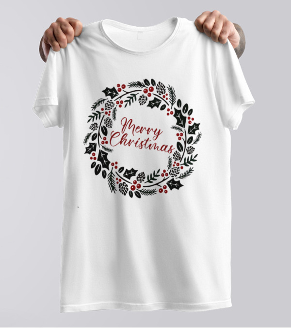 Merry Christmas Wreath With Pinecones And Holly T-Shirt