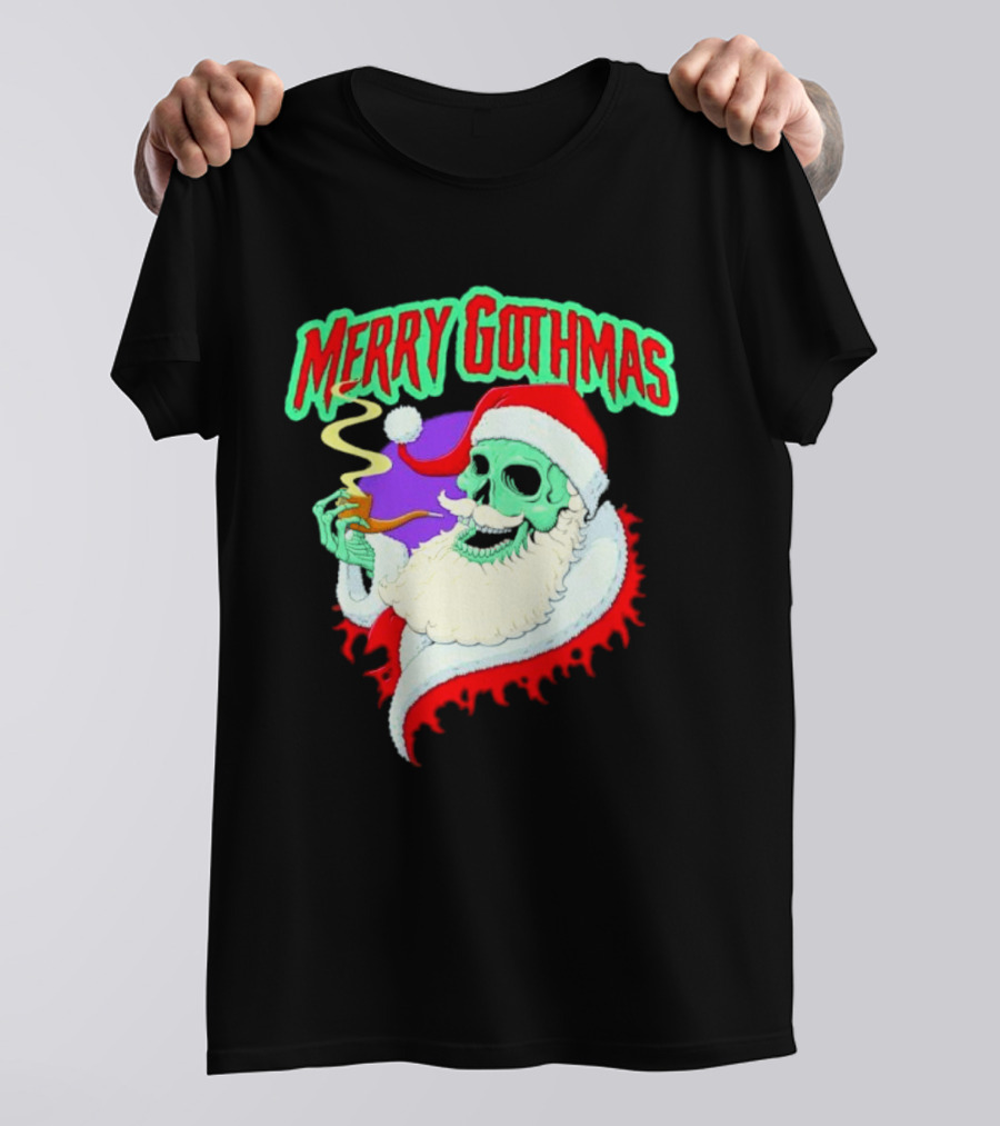 Merry Gothmas Skull Santa Smoking Holiday Greeting T-Shirt