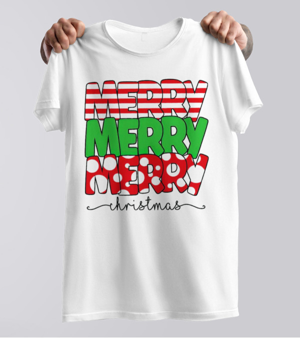 Merry Merry Merry Christmas Stripes And Polka Dots T-Shirt