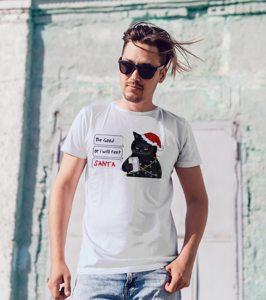 Black Cat Be Good Or I Will Text Santa Christmas Lights Hat T-Shirt