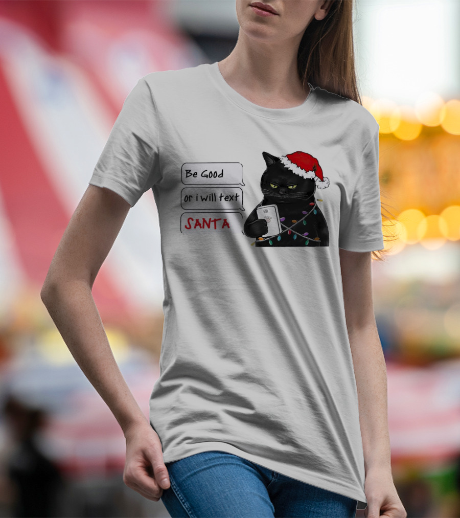 Black Cat Be Good Or I Will Text Santa Christmas Lights Hat T-Shirt