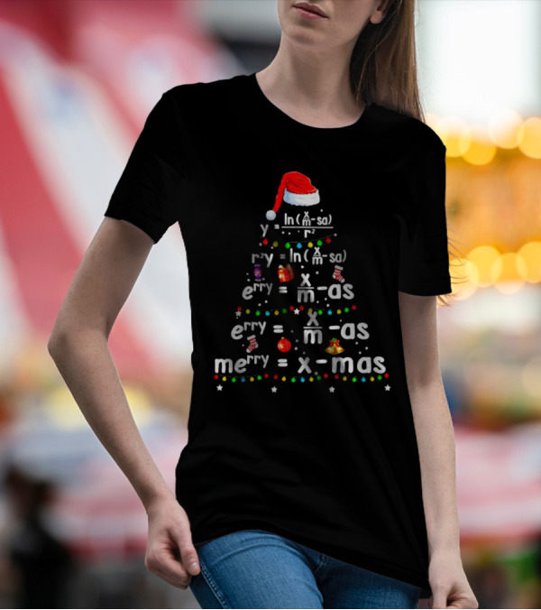 Merry Christmas Tree Math Equations In Santa Hat Form With Holiday Icons T-Shirt
