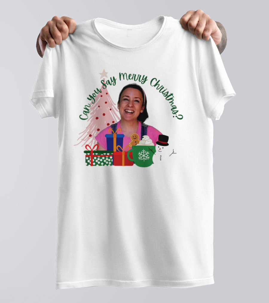 Miss Rachel Can You Say Merry Christmas Joyful Scene With Tree And Gifts T-Shirt