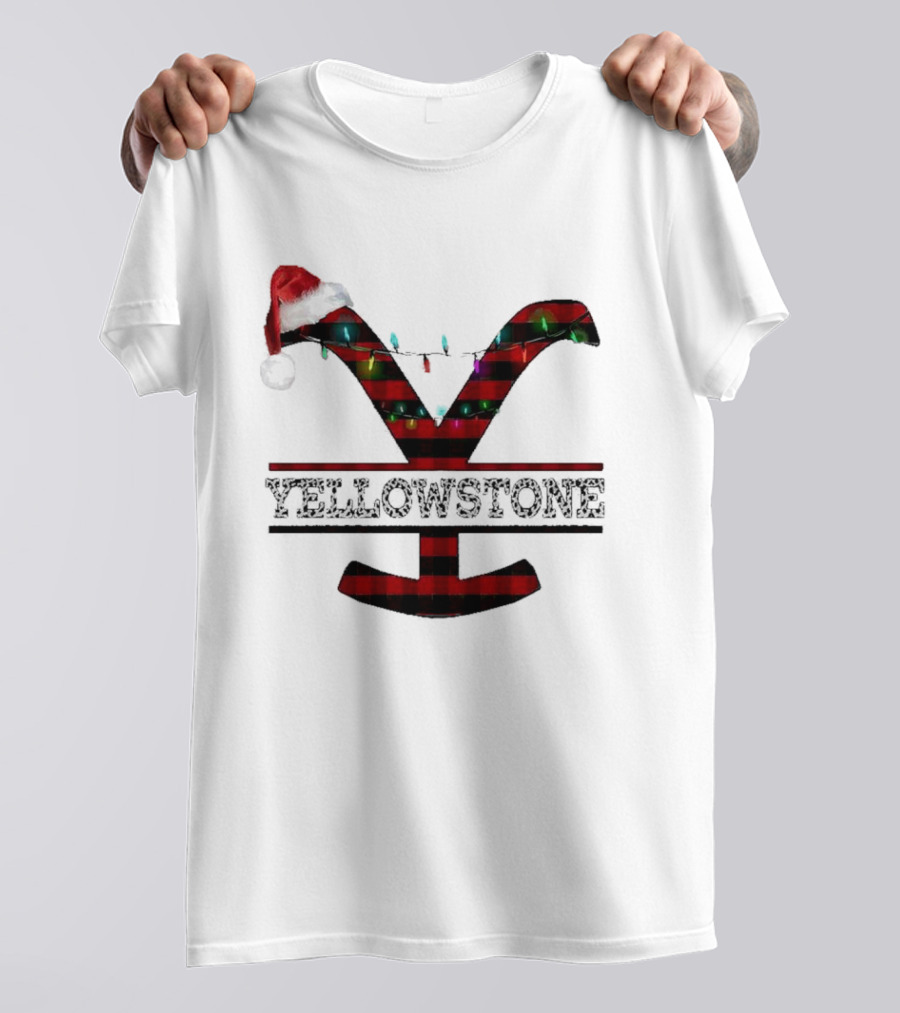 Yellowstone Christmas Santa Hat Lights Buffalo Plaid T-Shirt