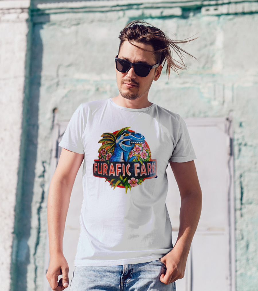 Furafic Fark Dinosaur With Tropical Flowers And Palm Leaves T-Shirt