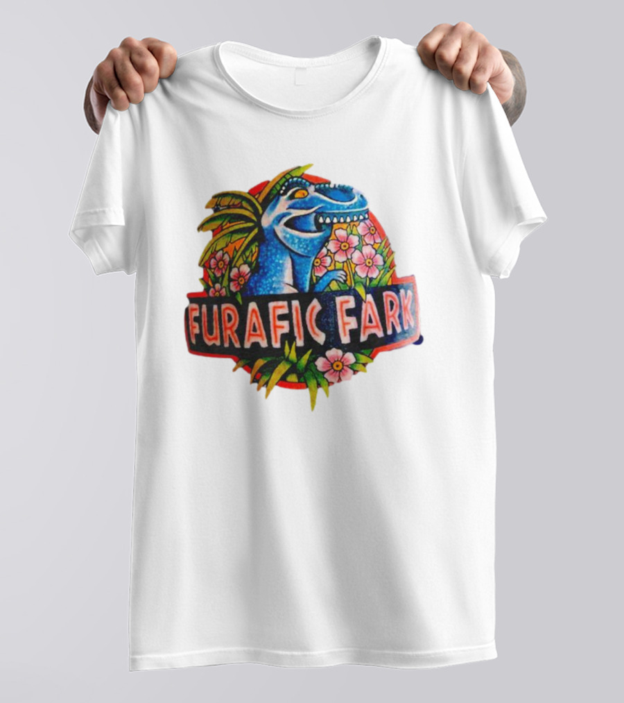 Furafic Fark Dinosaur With Tropical Flowers And Palm Leaves T-Shirt
