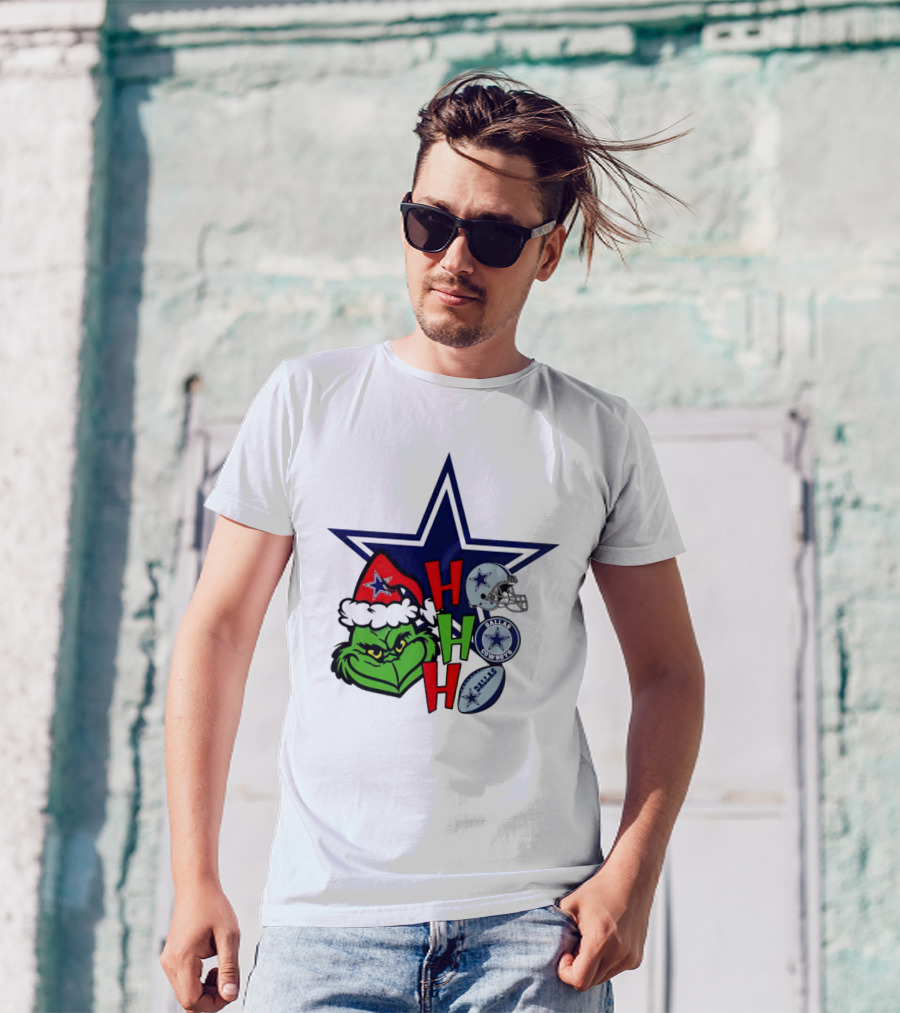 Santa Grinch Ho Ho Ho Dallas Cowboys Christmas Star Helmet T-Shirt